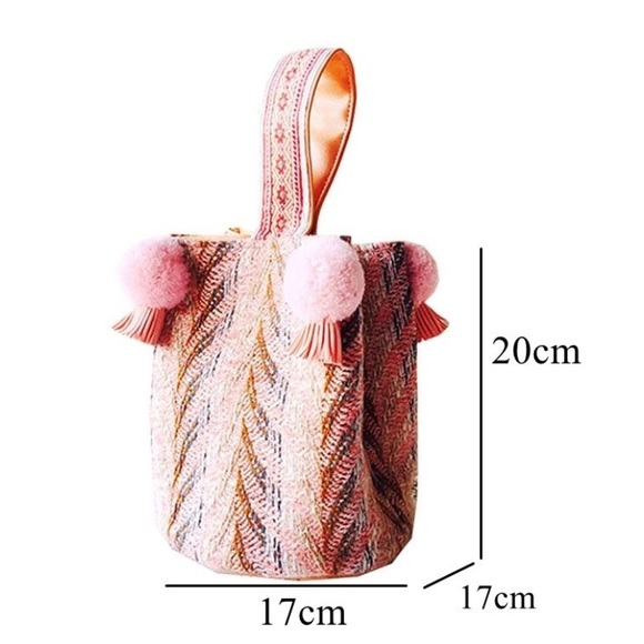 WOONAM Pure Handmade Multi color Tweed Mini Bucket Handbag Wrist Bag with poms - Picture 9 of 9